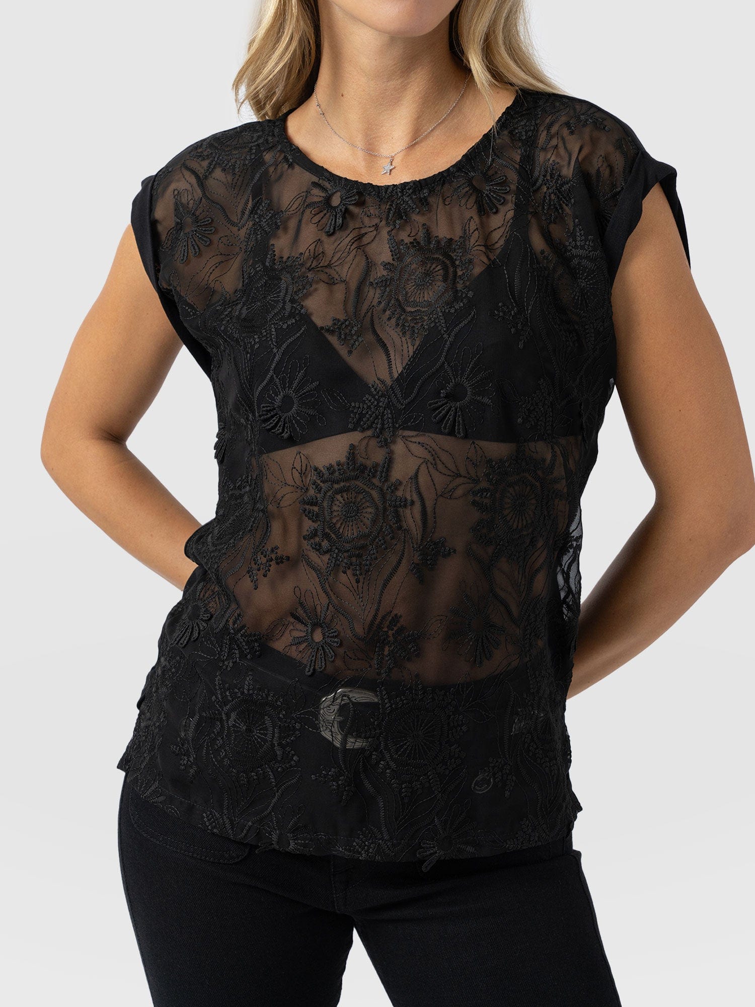 Turn Up Contrast Tee - Black Lace - Women's T-shirts | Saint + Sofia® USA